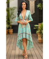 Vestido Boho Florido Midi Feminino Manga Curta Decote V Viscose Casual barato em promoção ZARA