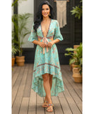 Vestido Boho Florido Midi Feminino Manga Curta Decote V Viscose Casual barato em promoção ZARA