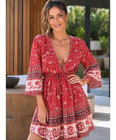 Red paisley print boho mini dress with bell sleeves, front view