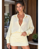 Butter yellow mini shirt dress with long sleeves, front view