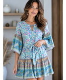 Blue paisley mini dress with tie sash, styled look