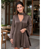 Mocha satin mini dress with long sleeves and scarf, full-length front view