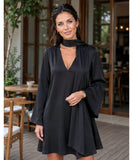 Black long sleeve satin mini dress with V-neck and scarf