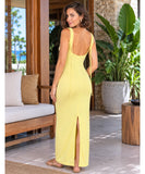 Yellow ribbed knit maxi dress, back view with slit