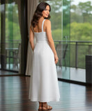 Comprar vestido feminino midi linho alças ajustáveis decote coração elegante festa social barato promoção