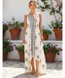 Women's boho halter maxi dress in white print, front view