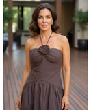 Comprar vestido longo boho feminino halter marrom com franzido babados elegante verão festa barato promoção ZARA