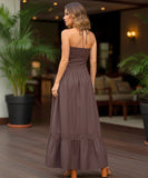 Comprar vestido longo boho feminino halter marrom com franzido babados elegante verão festa barato promoção ZARA