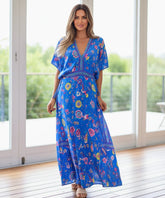 Comprar vestido longo boho feminino de viscose estampado com mangas morcego e amarração lateral barato ANELLIMN