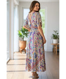 Comprar vestido longo boho feminino de viscose estampado com mangas morcego e amarração lateral barato ANELLIMN
