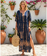 Women's Tie-Dye Kaftan Maxi Dress with V-Neck and Side Slits | Camel