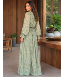 Sage green floral maxi dress with V-neck, back view
