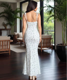 Women's floral mermaid maxi dress, close up of fabric