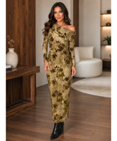 Olive green burnout velvet maxi dress with one shoulder neckline, full-length front view