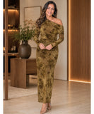 Olive green floral velvet maxi dress with long sleeves, front view