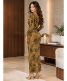 Olive green one shoulder maxi dress, side drape and sleeve detail