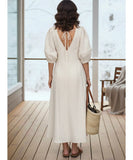 Women's Ivory Linen Midi Dress with Button Front and Open Back | Massie