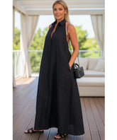 Comprar Vestido Longo Preto Feminino Elegante com Gola Botões Amarração Cintura barato em promoção ZARA
