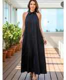 Comprar Vestido Longo Preto Feminino Elegante com Gola Botões Amarração Cintura barato em promoção ZARA