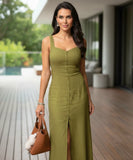 Comprar vestido midi de linho verde com botões frontais e fenda elegante para verão, oferta exclusiva com desconto e frete grátis ZARA