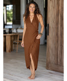 Women's Wrap Midi Dress in Mocha, front view showing the slit