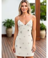 Comprar vestido off white curto com pedrarias em tule premium elegante para casamento civil, festas e eventos especiais ZARA