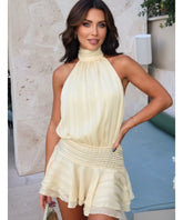 Comprar vestido plissado curto feminino elegante babados frente única amarração costas abertas verão promoção LADY DRESS