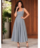 Women's Green Gingham Midi Dress with Square Neckline, full-length front view