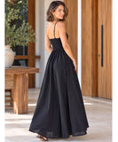 Women's Black Cutout Maxi Dress with Thin Adjustable Straps | Xami