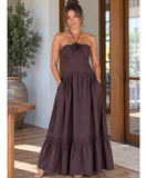 Women's Boho Strapless Maxi Dress with Rosette Halter Detail | Amaryllis