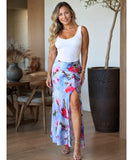 Women's Floral Satin Midi Skirt with Ruched Front Slit | Mary