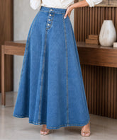 Women's High Waist Denim Maxi Skirt with Button Front and A-Line Flare | Ioná