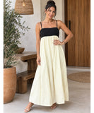 Women's Linen Maxi Dress with Contrast Bodice and Spaghetti Straps | Jenny