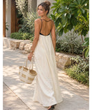 Women's Linen Maxi Dress with Contrast Bodice and Spaghetti Straps | Jenny