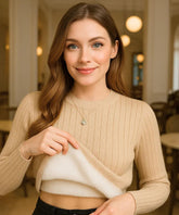 Buy elegant women's ribbed thermal knit top in beige – perfect for casual winter looks on sale