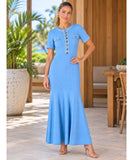 Women's White Ribbed Knit Midi Dress with Denim Trim | Lua