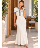 Women's White Ribbed Knit Midi Dress with Denim Trim | Lua
