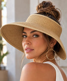 Women's Wide Brim Straw Sun Visor with Open Top and Adjustable Back | Aba