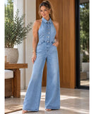 Women’s Wide Leg Denim Jumpsuit with Shirt Collar | Rosae