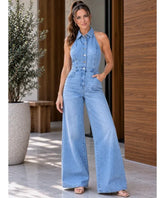 Women’s Wide Leg Denim Jumpsuit with Shirt Collar | Rosae