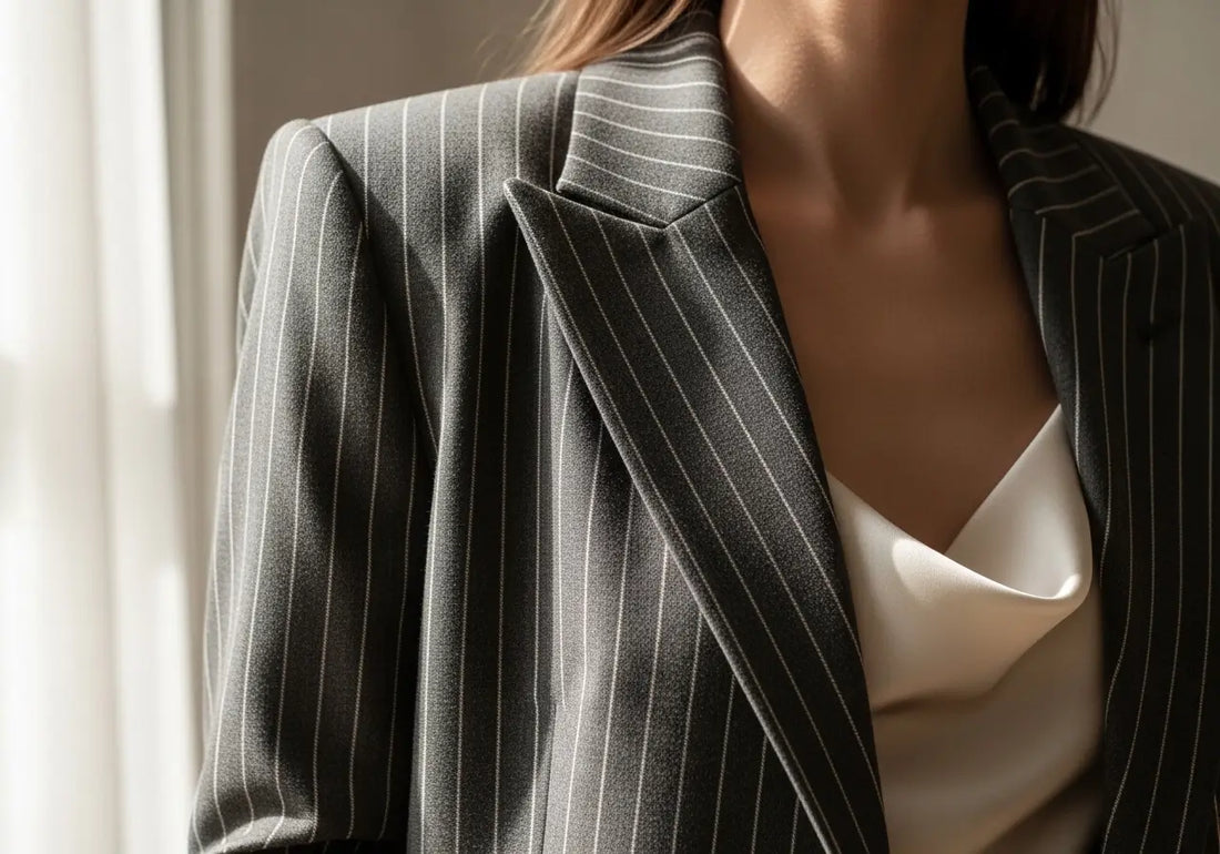 Women's charcoal grey pinstripe blazer with structured lapels and ivory silk camisole, natural window light