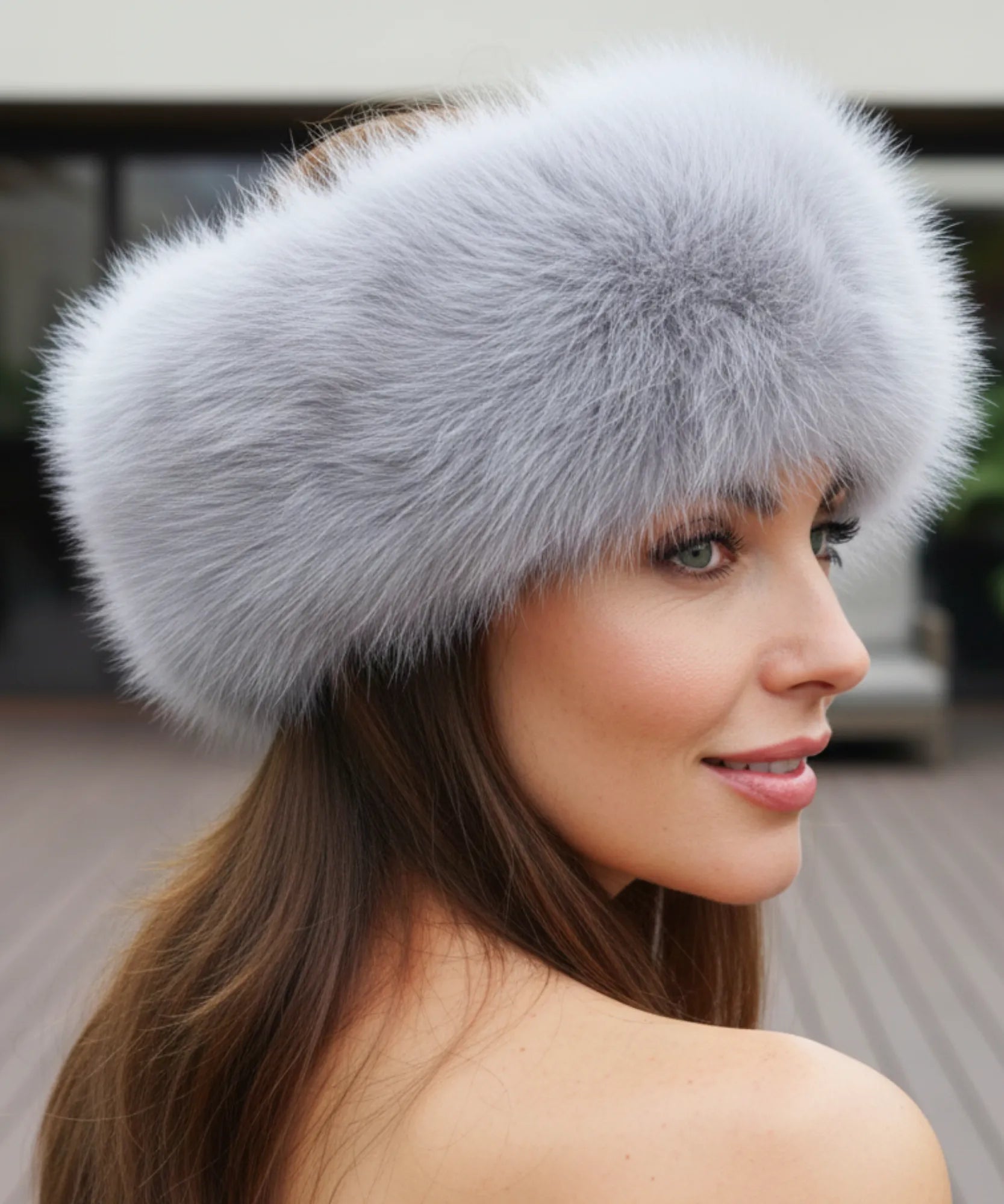 Women's Plush Fur Hat in Silver with a wide Russian-style band