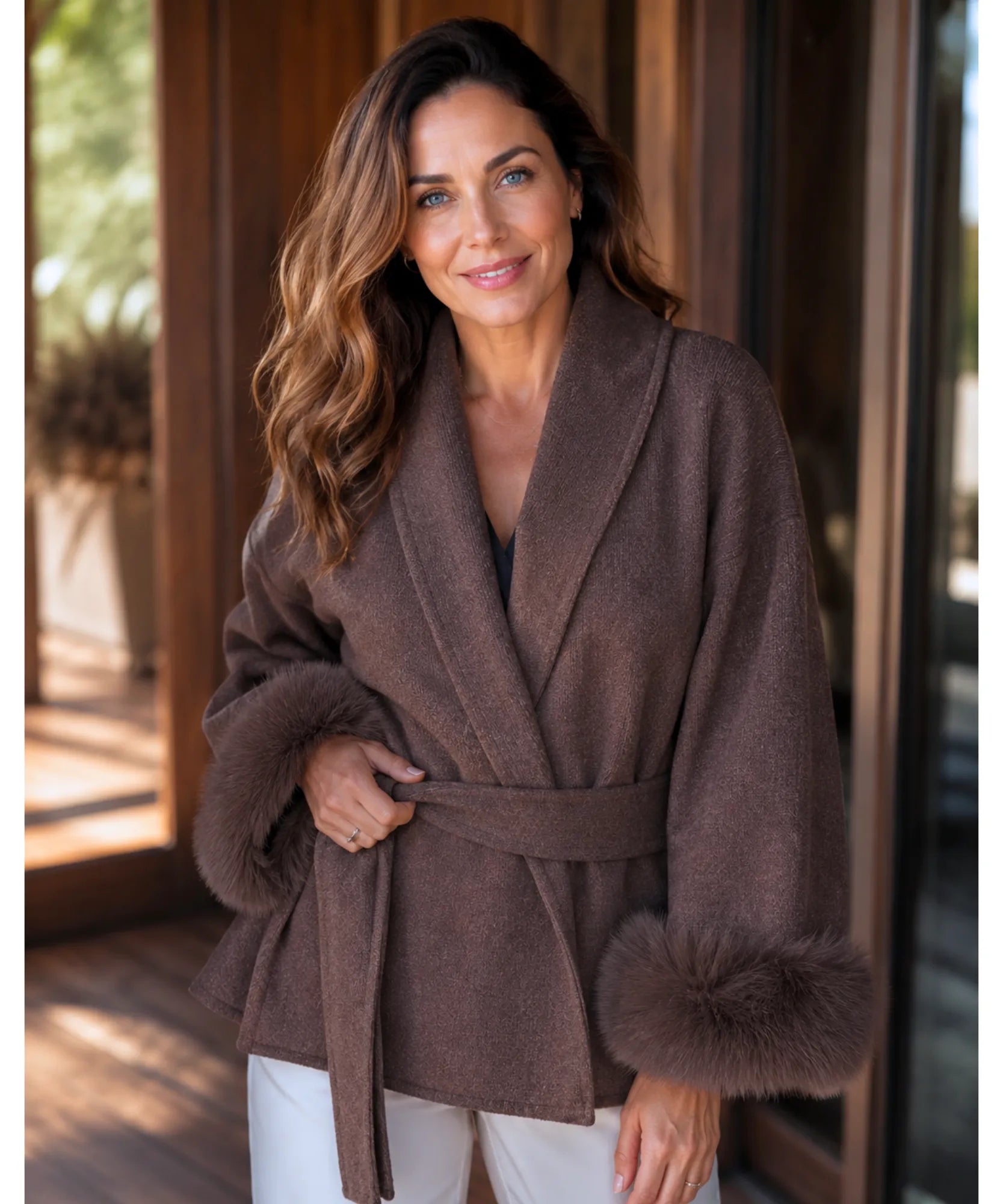 Women's Belted Wool-Cashmere Wrap Coat, Fabric Detail