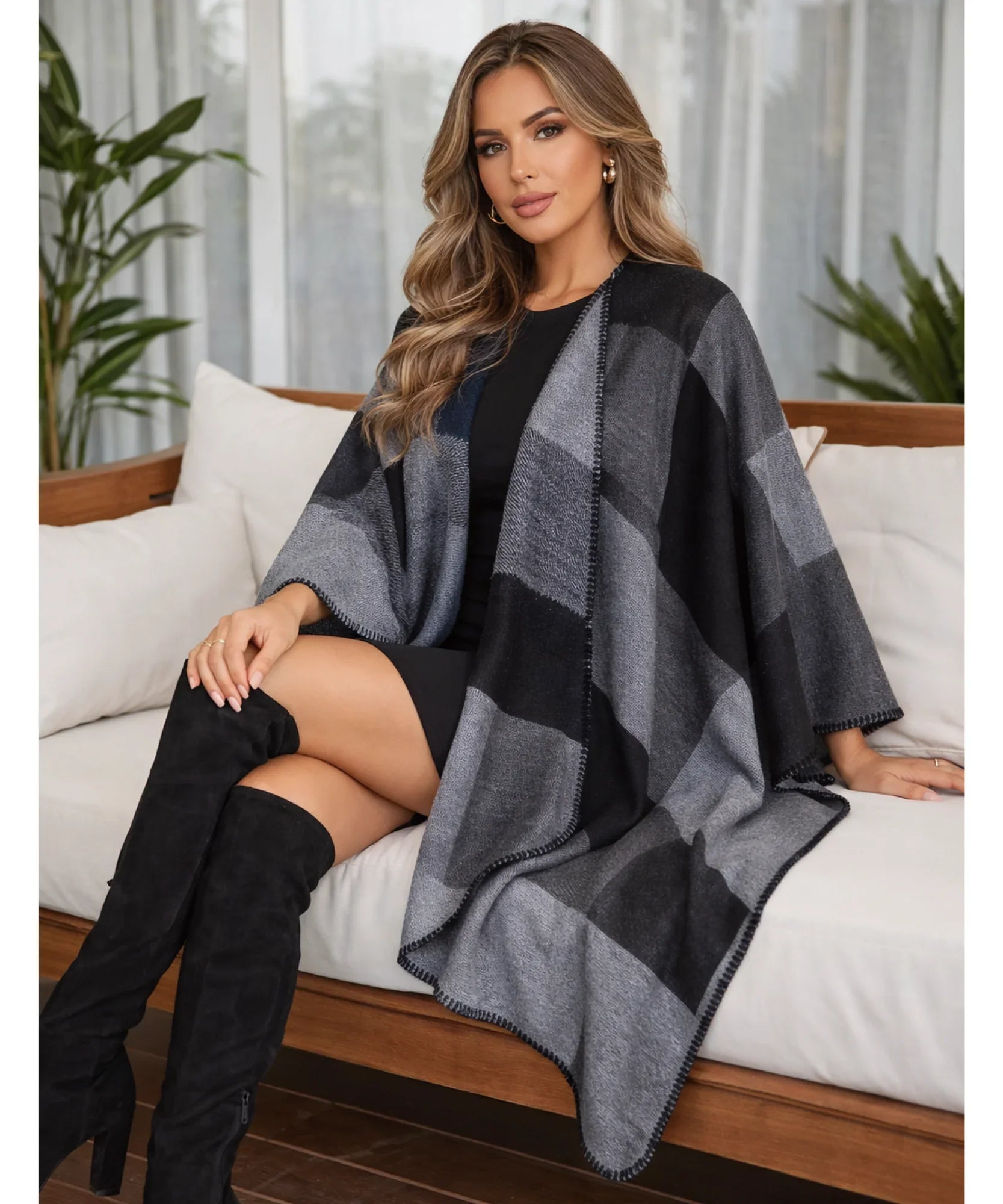 Women's charcoal colorblock ruana wrap, styled look