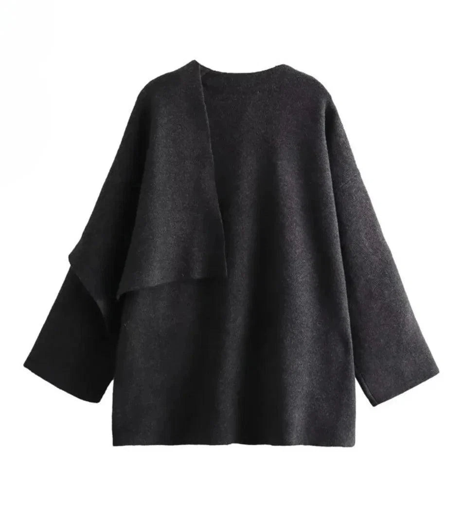 Back view of the oversized wool wrap coat in charcoal