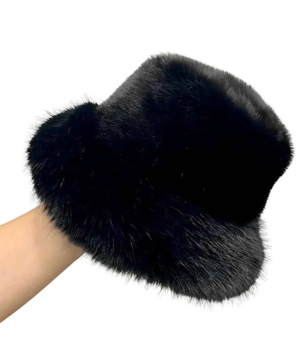 Black fur bucket hat with a structured brim, front view