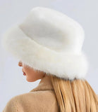 Fur bucket hat with a structured brim, side view