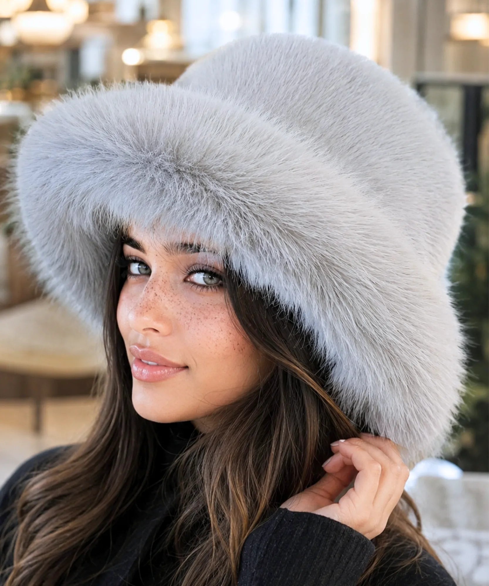 Silver fur bucket hat with a structured brim