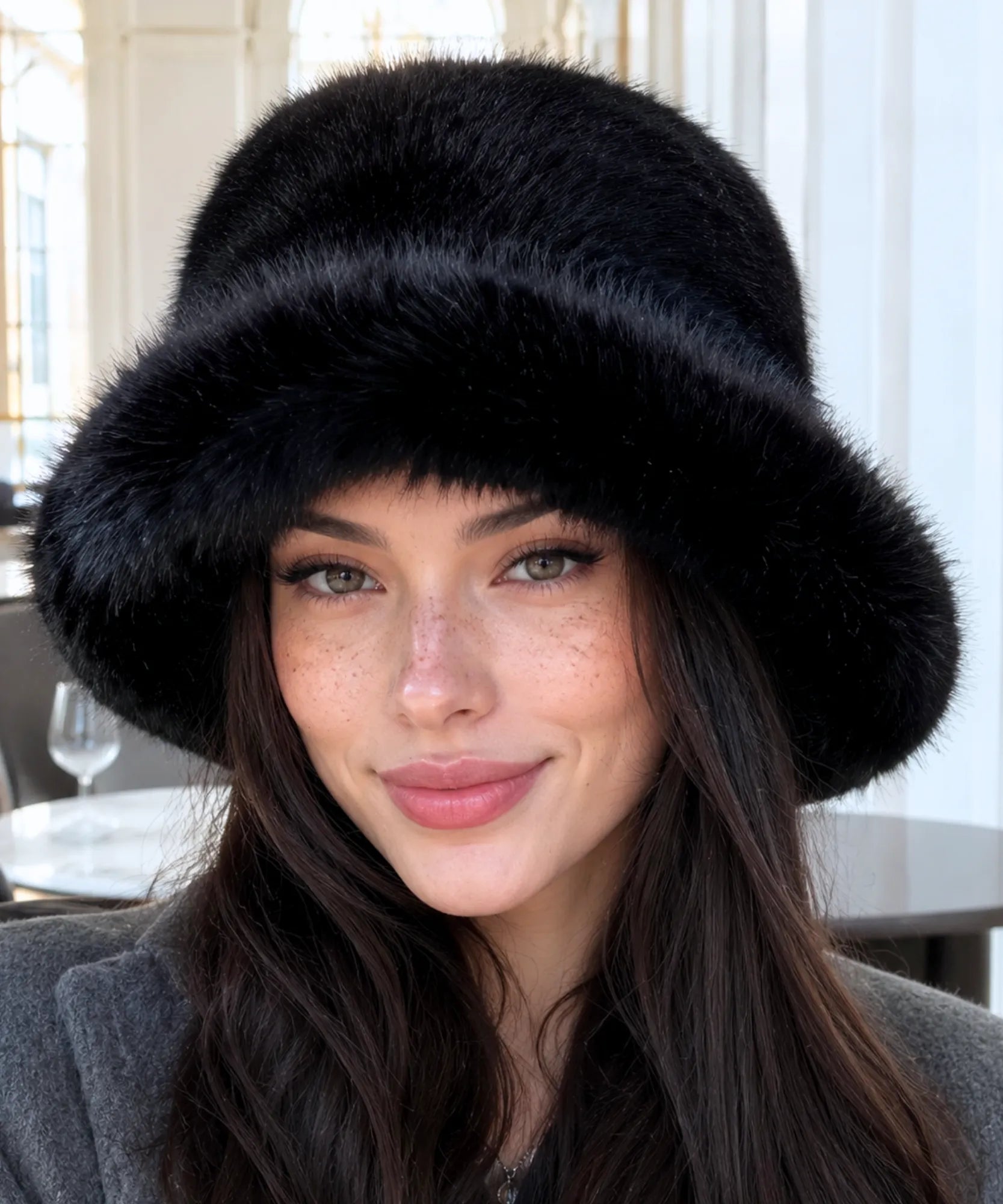 Black fur bucket hat with a structured brim, alternate view