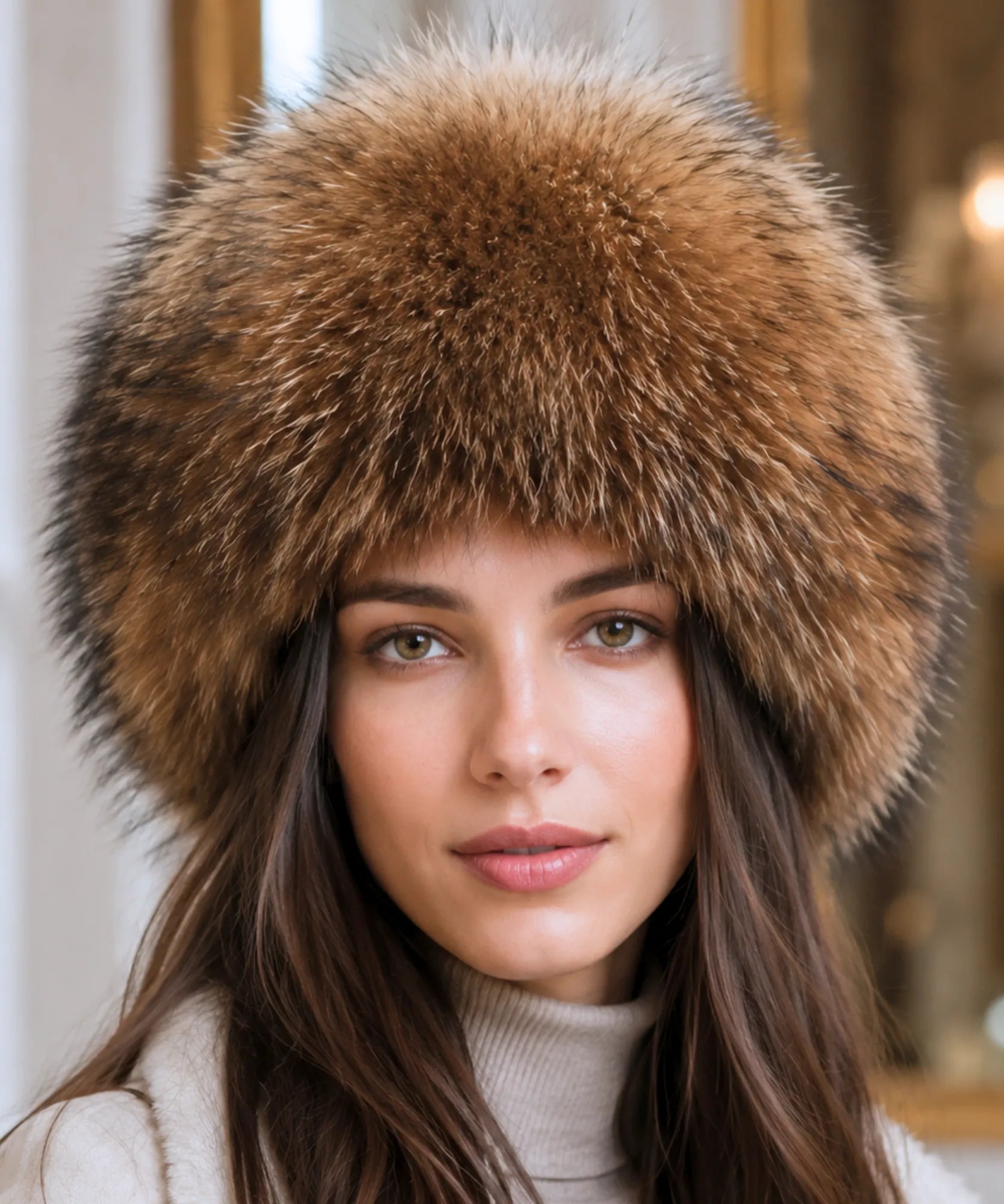 Women's Leather Trapper Hat in Leopard Print with a plush fur trim
